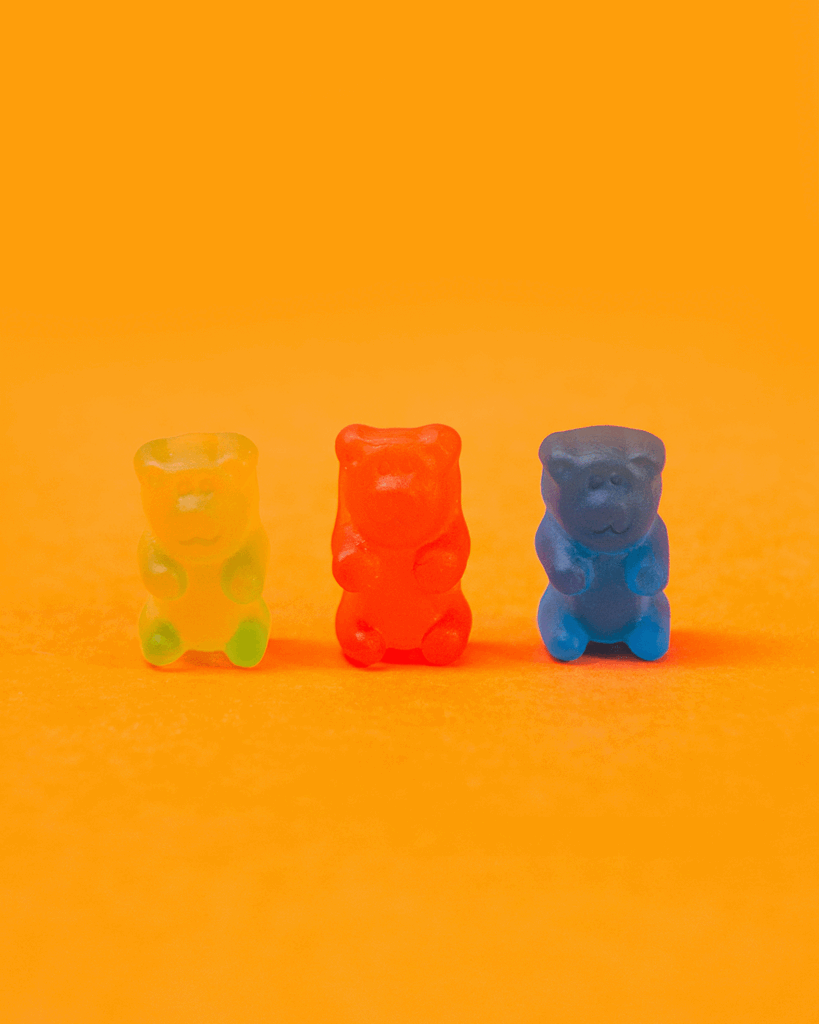 Gummy product shoot, Three Gummy Bears Yellow, Red, and Blue