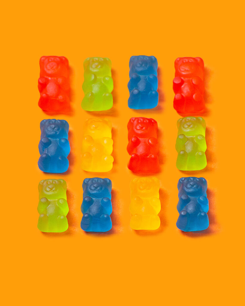 Gummy product shoot, Gummy Bears Yellow, Red, and Blue